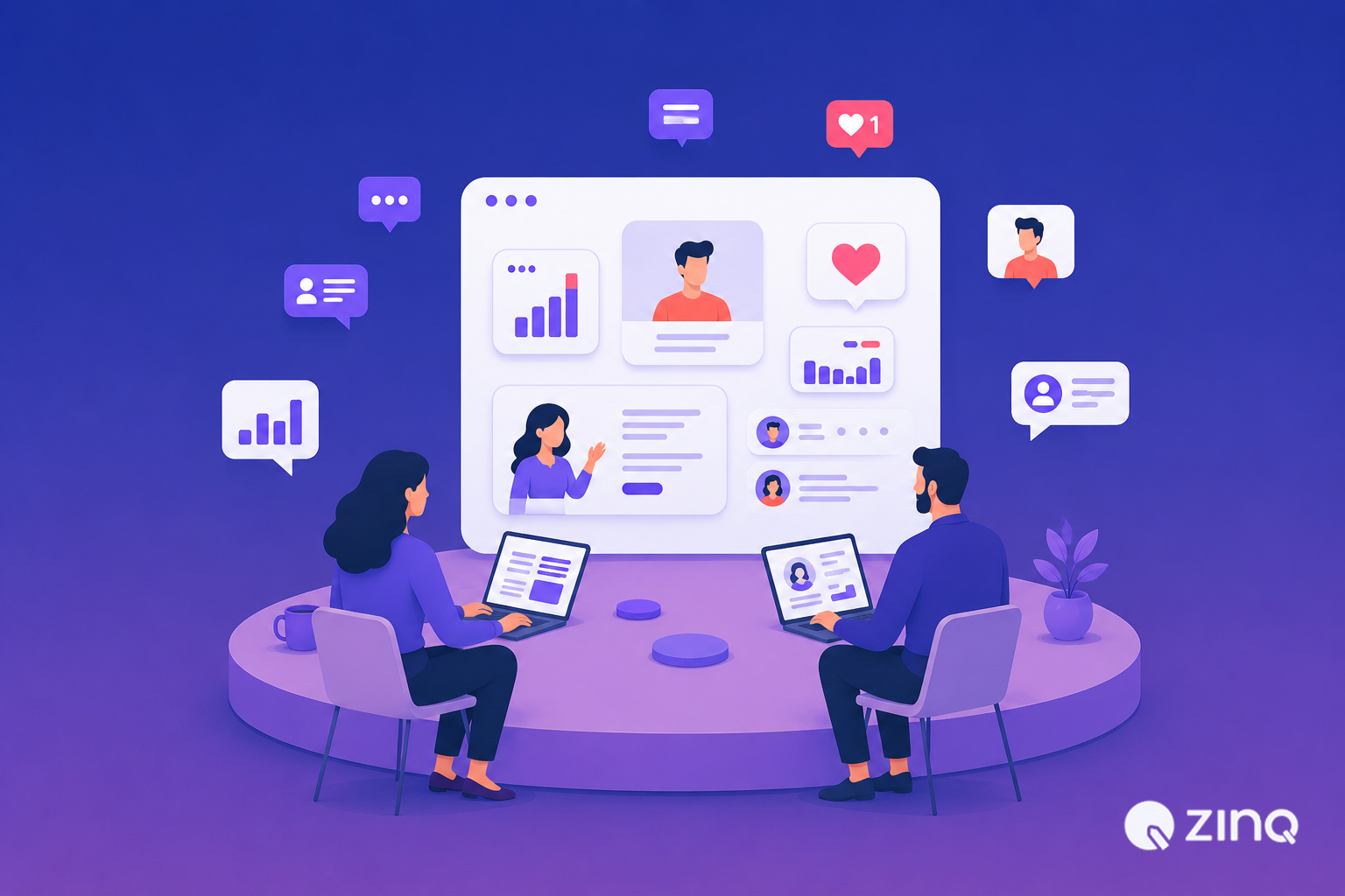 A 3D illustration featuring a purple digital display of multiple widgets and client engagement tools, with two professionals working on laptops to optimize communication using Zinq AI. Text reads: "Modern Ways to Engage Clients Using Multiple widgets with Zinq AI"