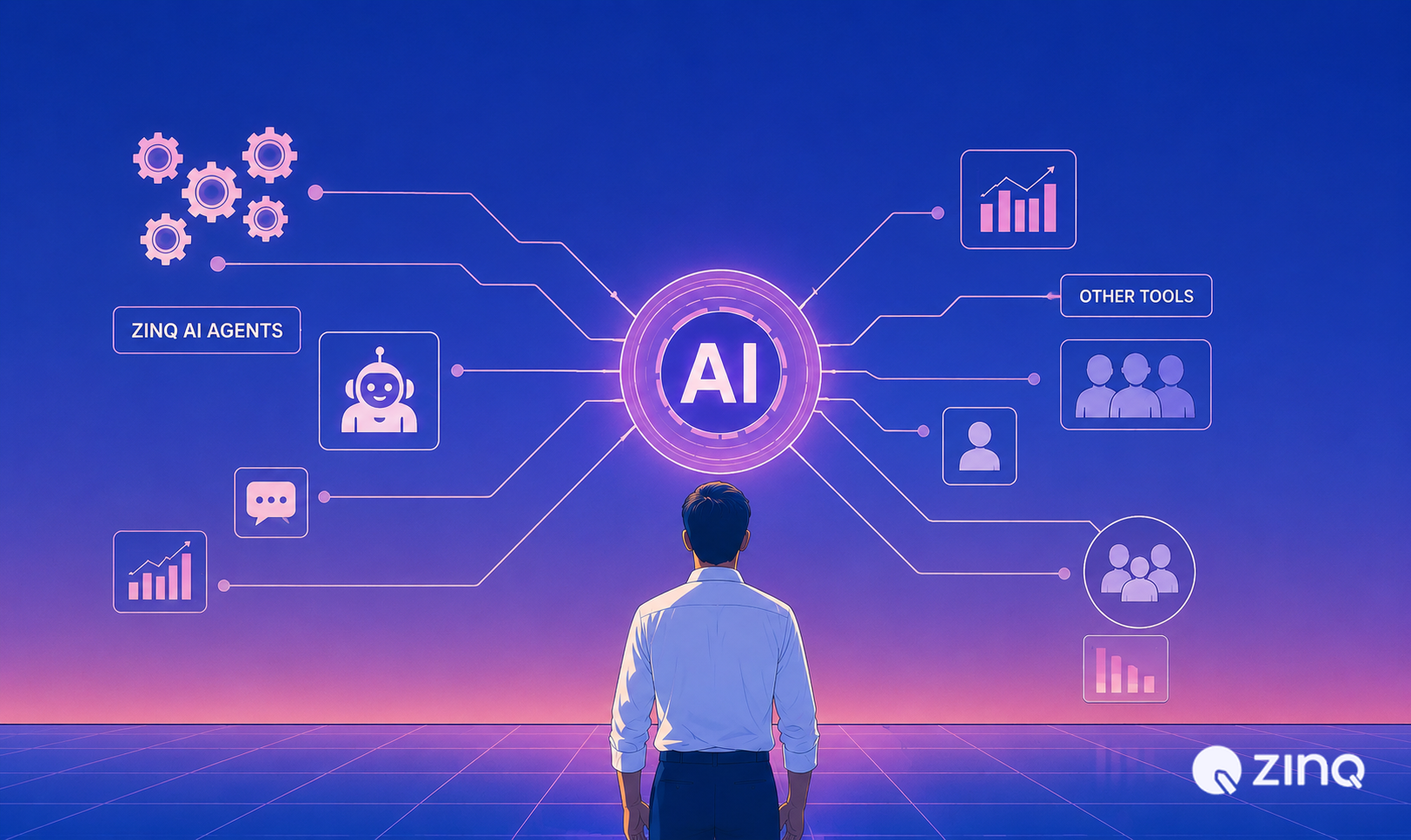 A striking digital infographic contrasting dynamic, glowing purple electrical data streams representing "Zinq AI Agents" against duller, fragmented networks labeled "Other Tools". A central AI core radiates energy above a person looking at the interface. Text reads: "Why Choose Zinq AI Agents Over Other Tools".