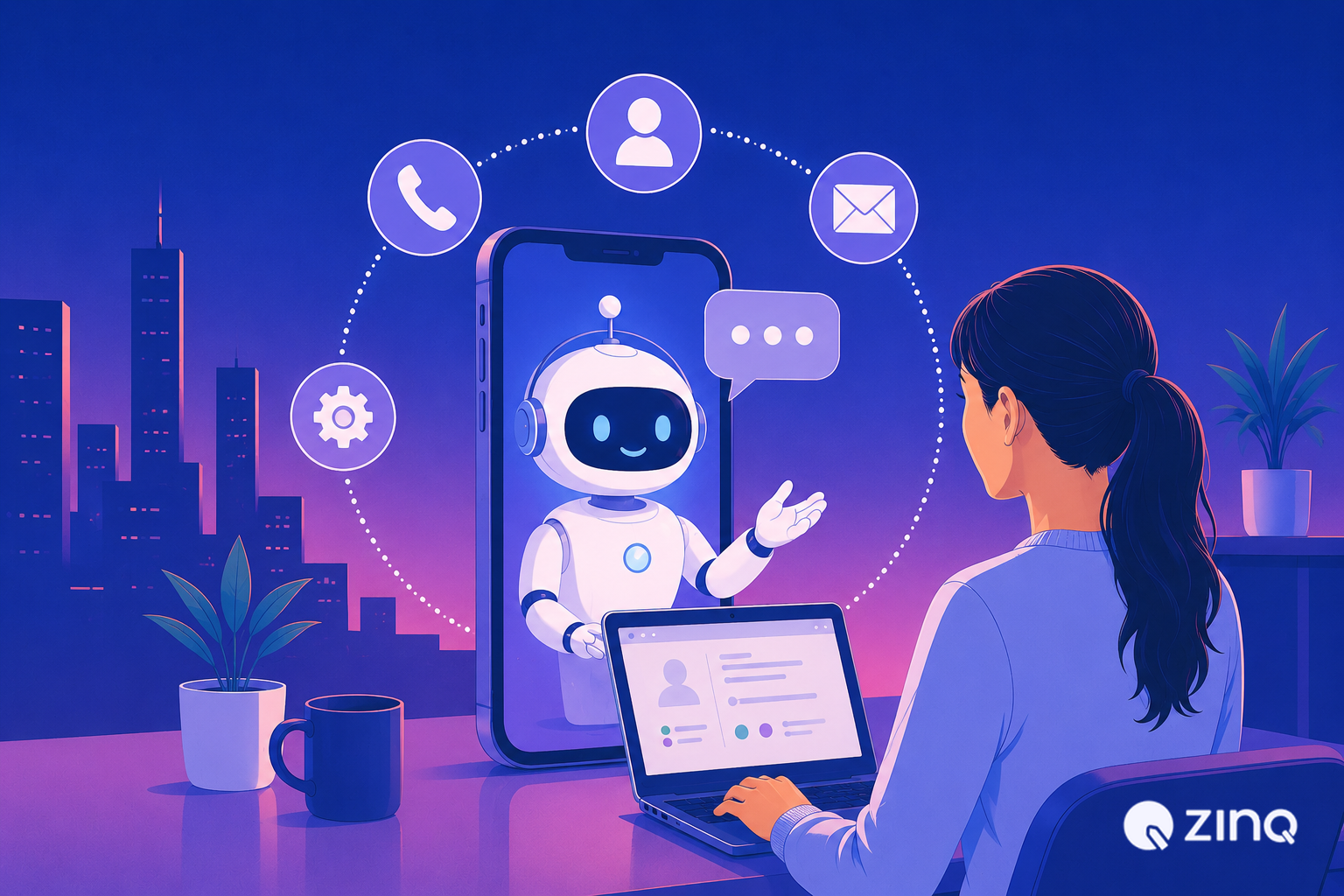A woman working on her laptop while interacting with a friendly, blue-lit AI chatbot emerging from a smartphone screen. The phone is surrounded by glowing communication icons representing phone, email, settings, and user support. Text reads: "How Zinq AI Agents Can Power a Smart Support Center for Your App".