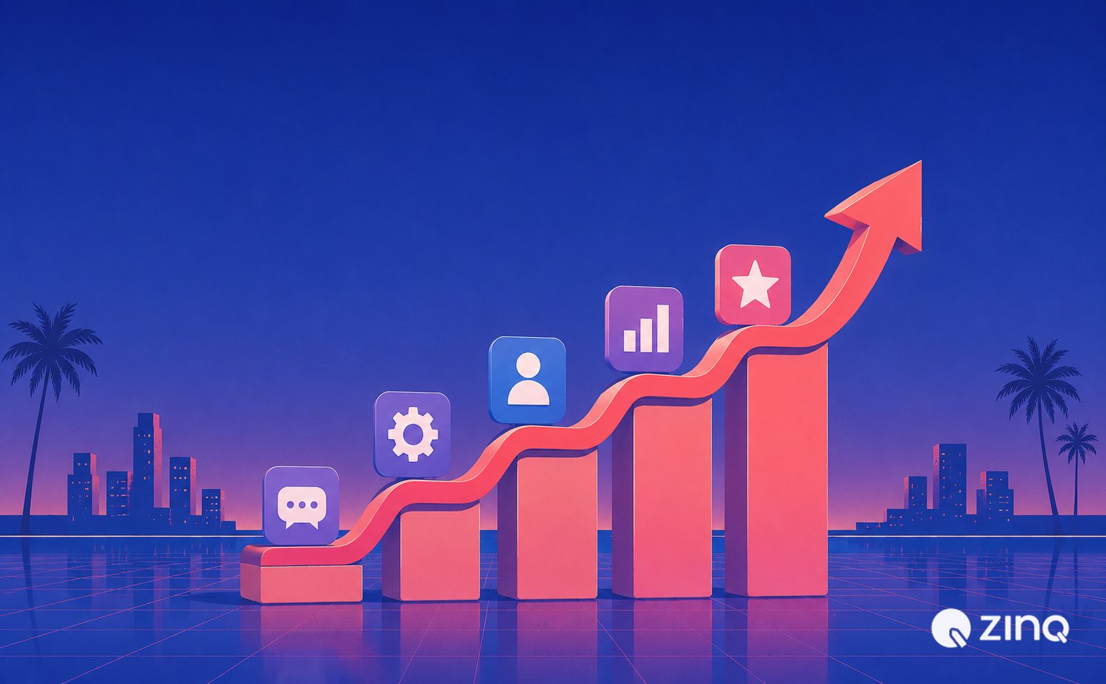 A vibrant 3D bar graph with an upward-trending red arrow, decorated with icons for social media platforms like YouTube, Facebook, Twitter, Instagram, and X, alongside custom feature icons like a robot and a gear. Text reads: "Top 5 Powerful Features of Zinq Agents You Should Know".