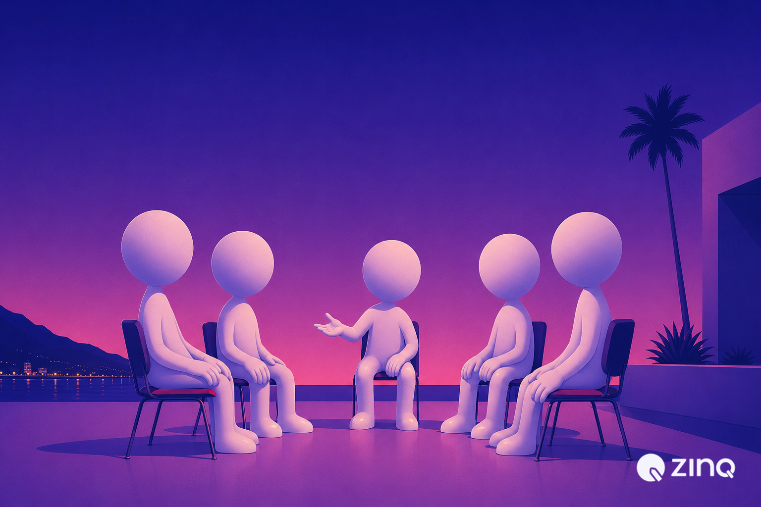 Business clients engaging in a group discussion, representing how multiple AI widgets and conversational tools improve customer engagement with Zinq AI.