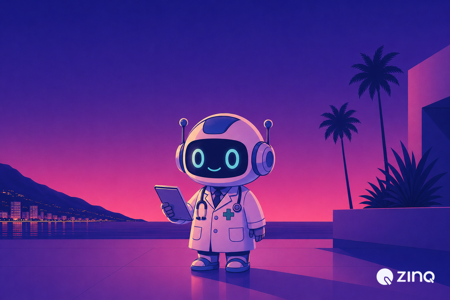 An AI robot dressed as a doctor in a lab coat with a stethoscope holding a digital tablet, representing AI agents automating healthcare communication for clinics.