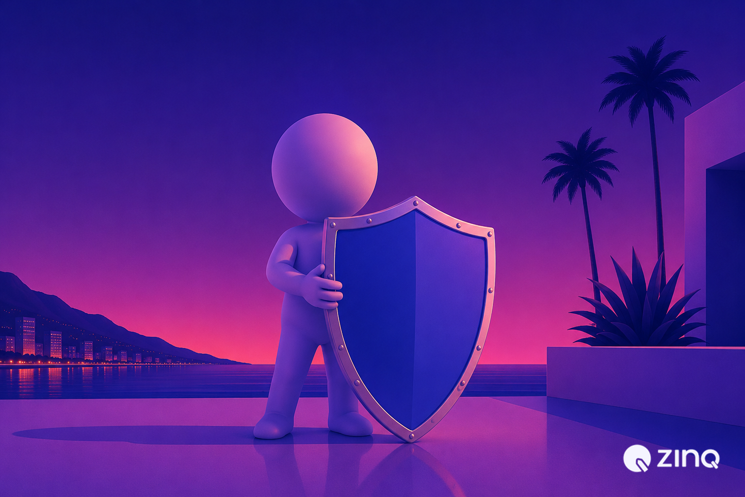 A 3D character holding a large blue security shield against a sunset background, symbolizing AI transforming insurance claims processing and secure customer onboarding.