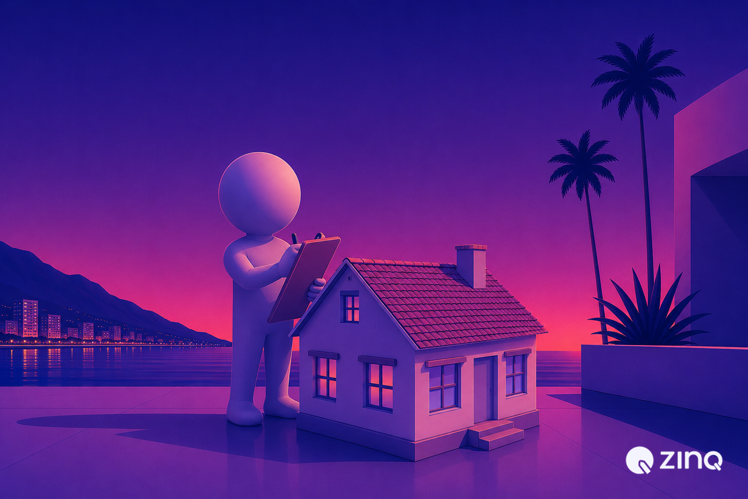A 3D character writing on a clipboard next to a model house at sunset, illustrating an AI-powered property assistant managing real estate leads.