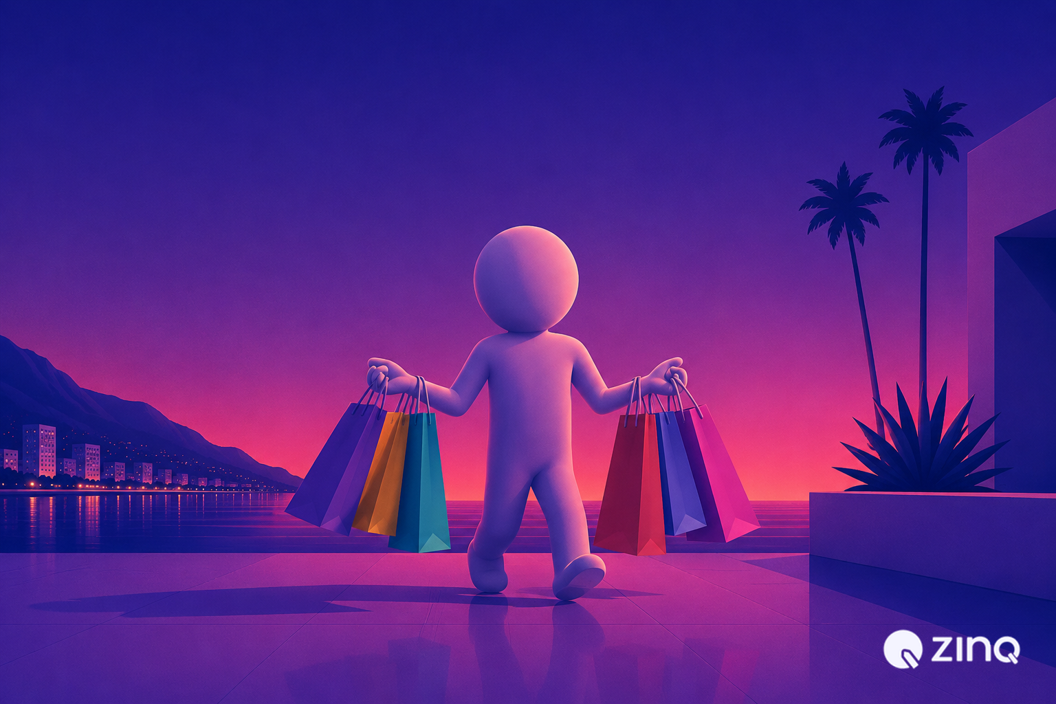 A 3D character carrying multiple colorful shopping bags near the ocean, demonstrating how e-commerce stores reduce customer support tickets using AI automation.