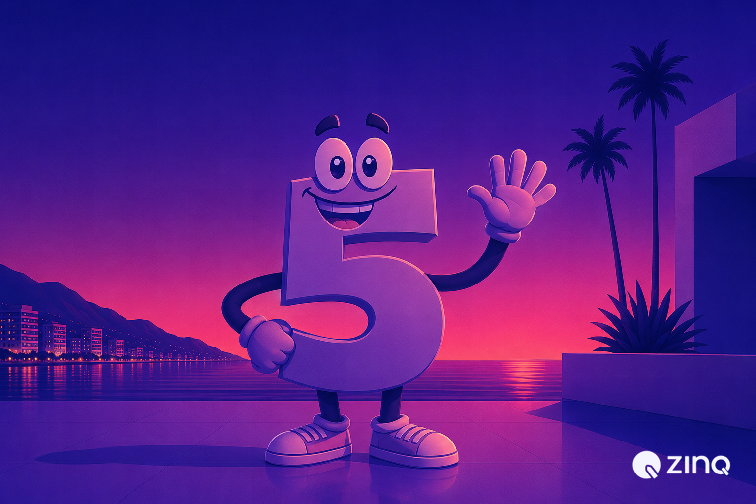 A friendly cartoon character shaped like the number 5 waving against a coastal sunset, representing five key business workflows you can automate with an AI agent.