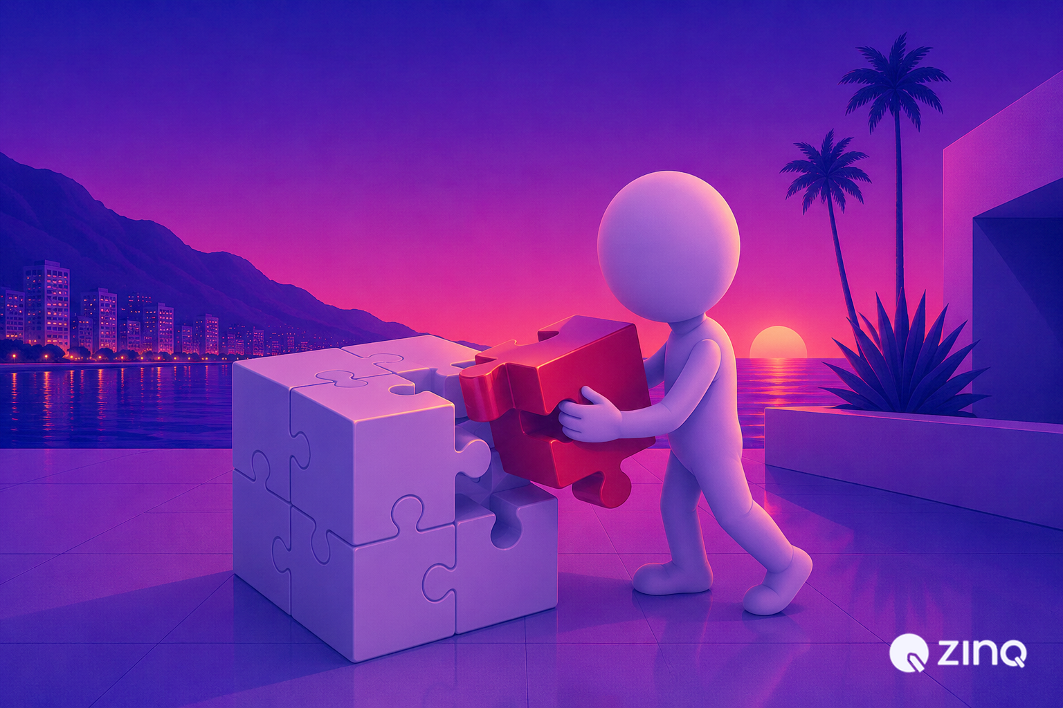 3D illustration of an AI agent placing a puzzle piece into a cube, symbolizing AI integration with CRM and calendar systems for workflow automation and productivity.