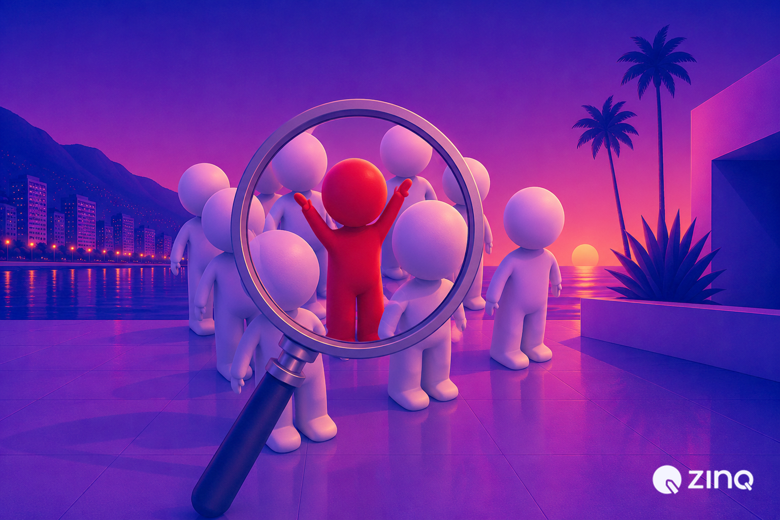 3D illustration of an AI agent identifying qualified website visitors through a magnifying glass, representing automated lead qualification and AI-powered visitor analysis.