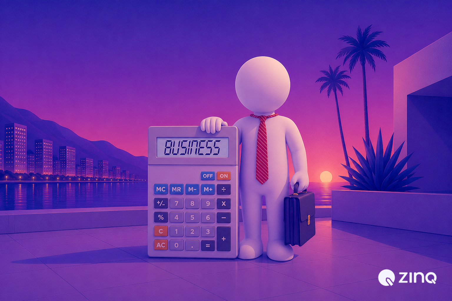 Professional white 3D character in tie holding briefcase next to giant calculator showing 'BUSINESS' at scenic purple sunset, symbolizing AI Agent for Startups | ZINQ.ai