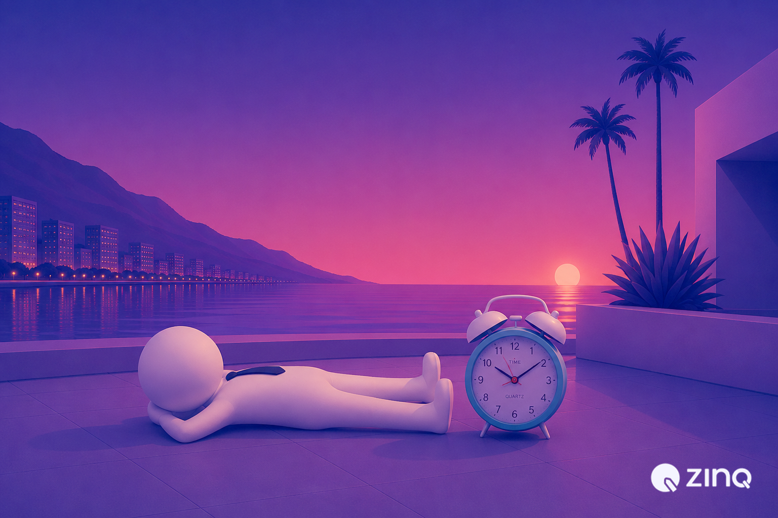 Relaxed white character lying down beside large alarm clock on purple waterfront terrace at sunset, visualizing automate customer queries | ZINQ.ai