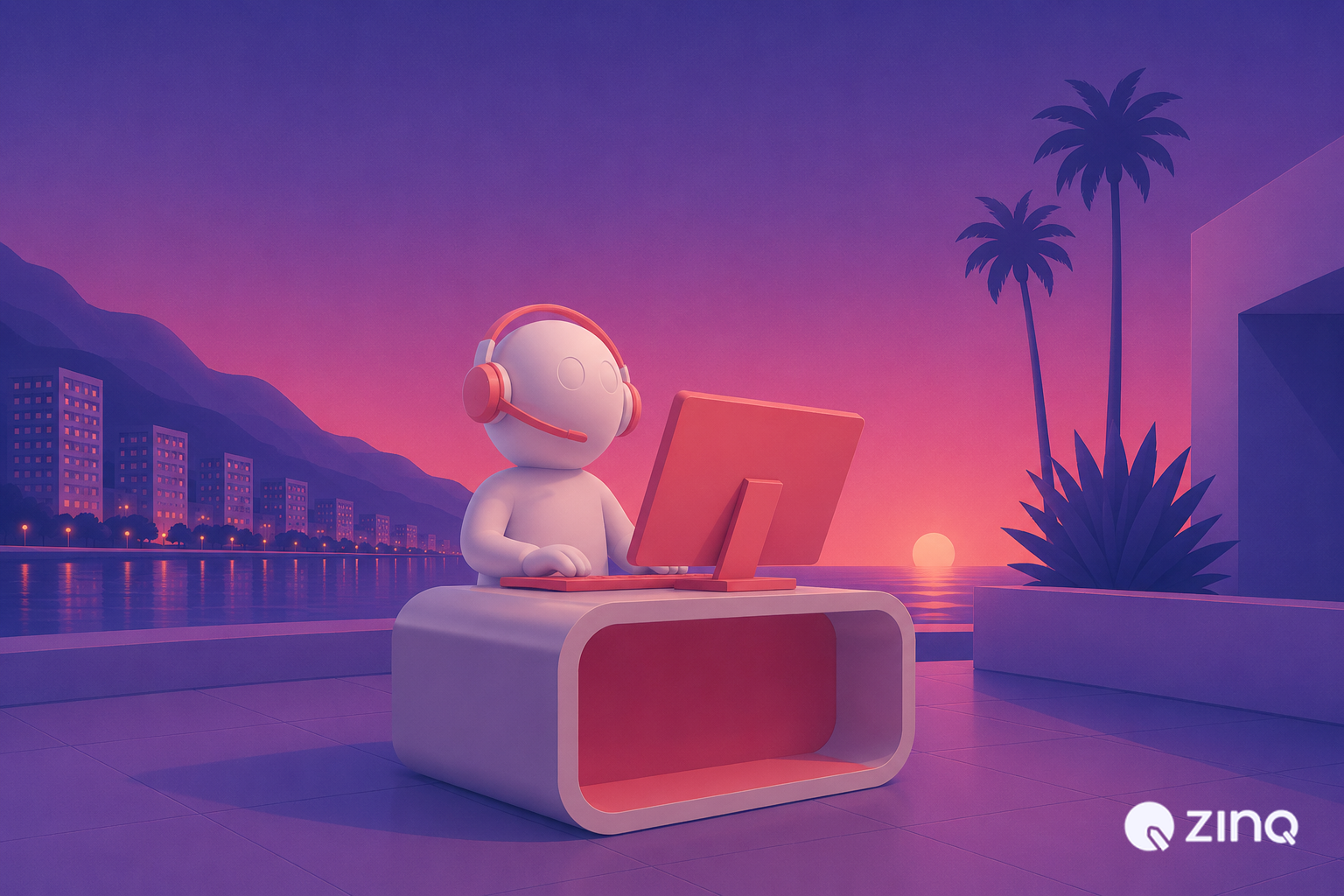 White 3D figure wearing headset working on red computer at stylish purple sunset desk, illustrating AI agent customer support for service based business | ZINQ.ai