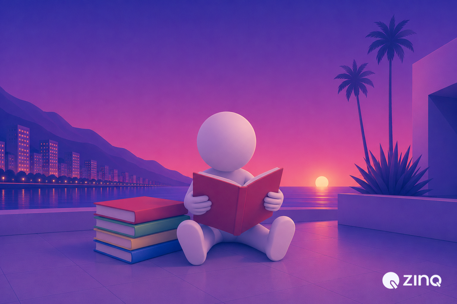 Minimalist white character sitting and reading a red book with stack of books by vibrant purple ocean sunset, representing how AI manage client enquiries | ZINQ.ai