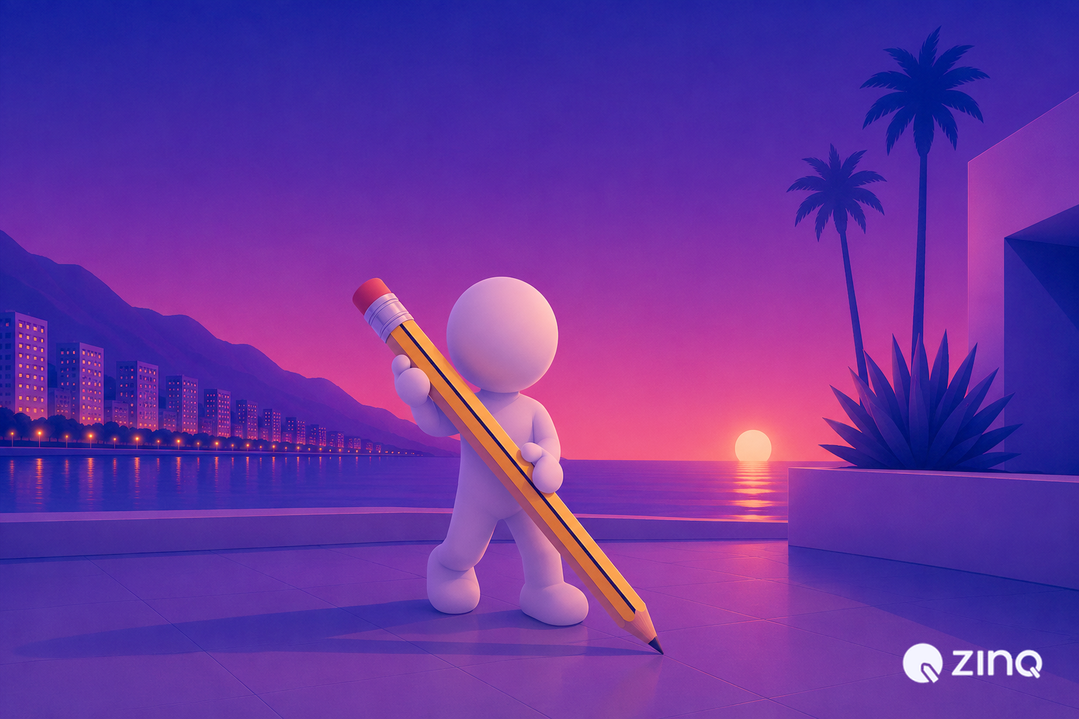 White 3D character walking with oversized yellow pencil at purple sunset waterfront, symbolizing how to write an AI agent script | ZINQ.ai