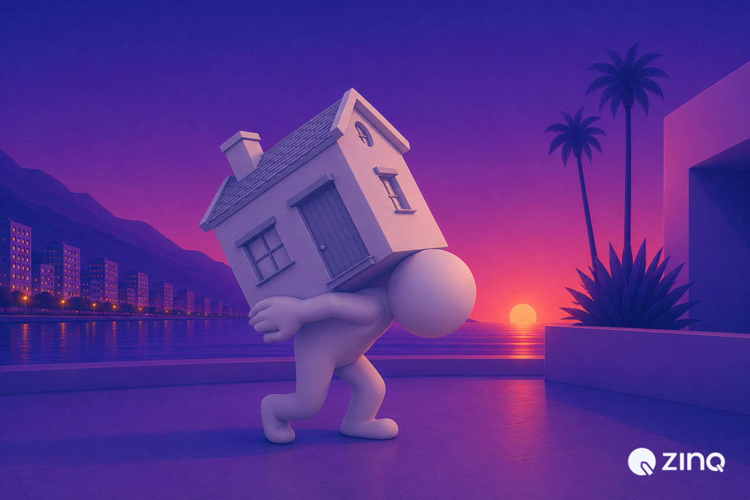 3D character carrying a heavy house, representing real estate lead generation challenges solved by AI automation