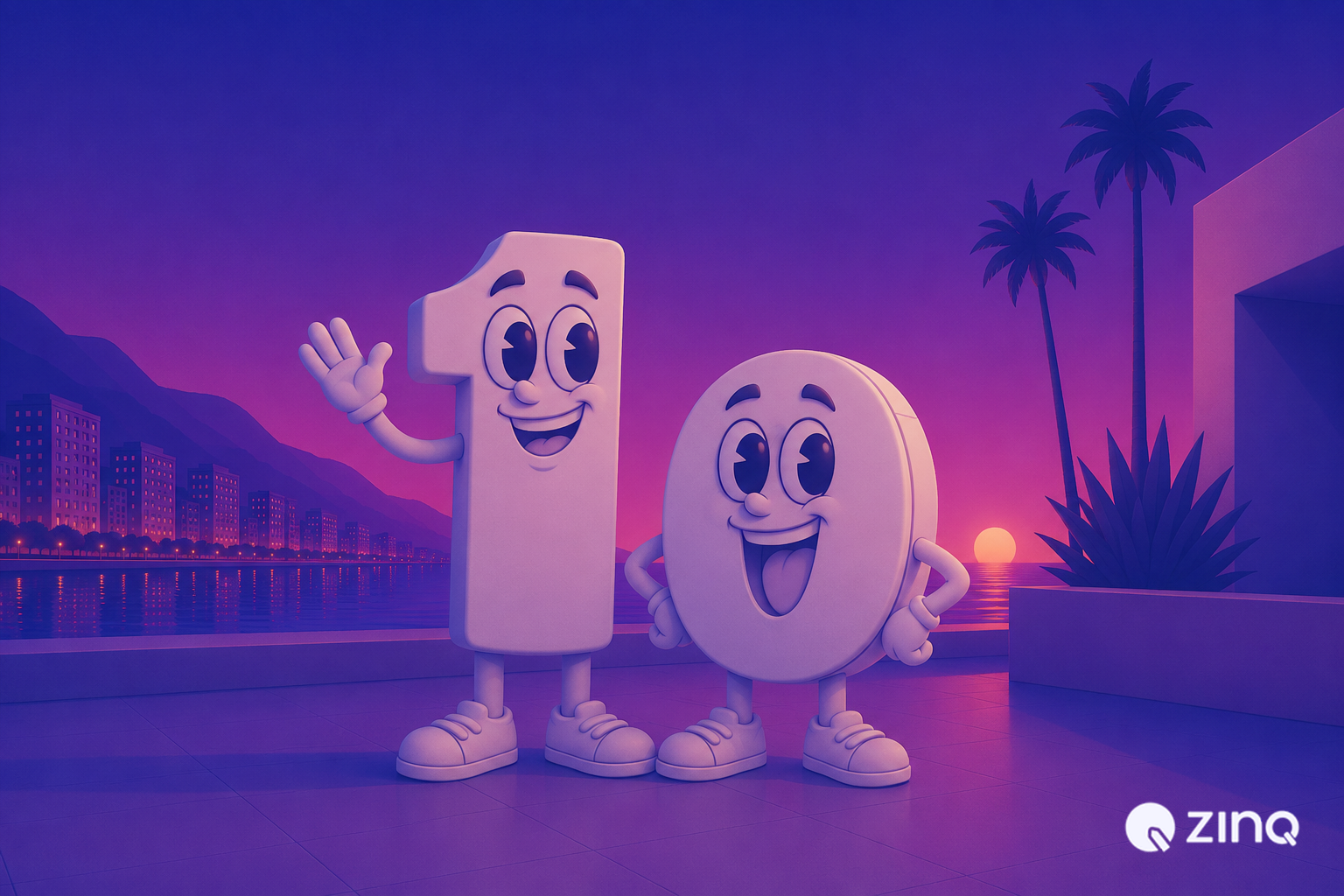 Friendly cartoon figures forming the number 10, highlighting automated real estate tasks with AI
