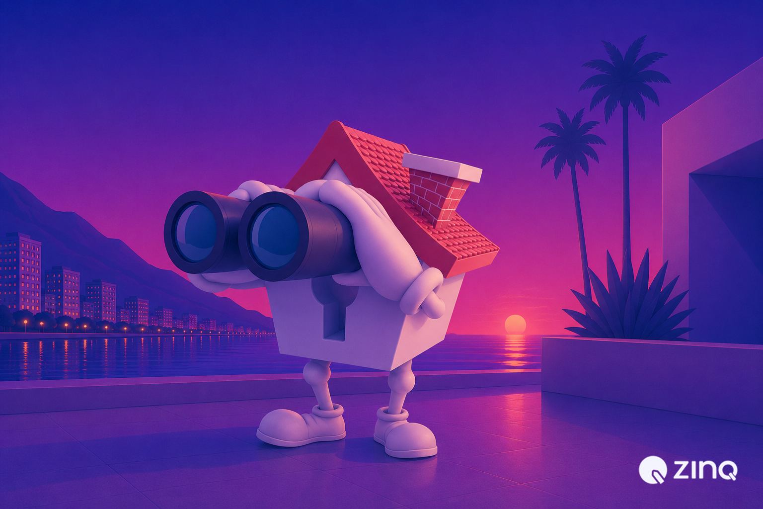 Animated house character holding binoculars to search for property deals using top AI tools for real estate agents