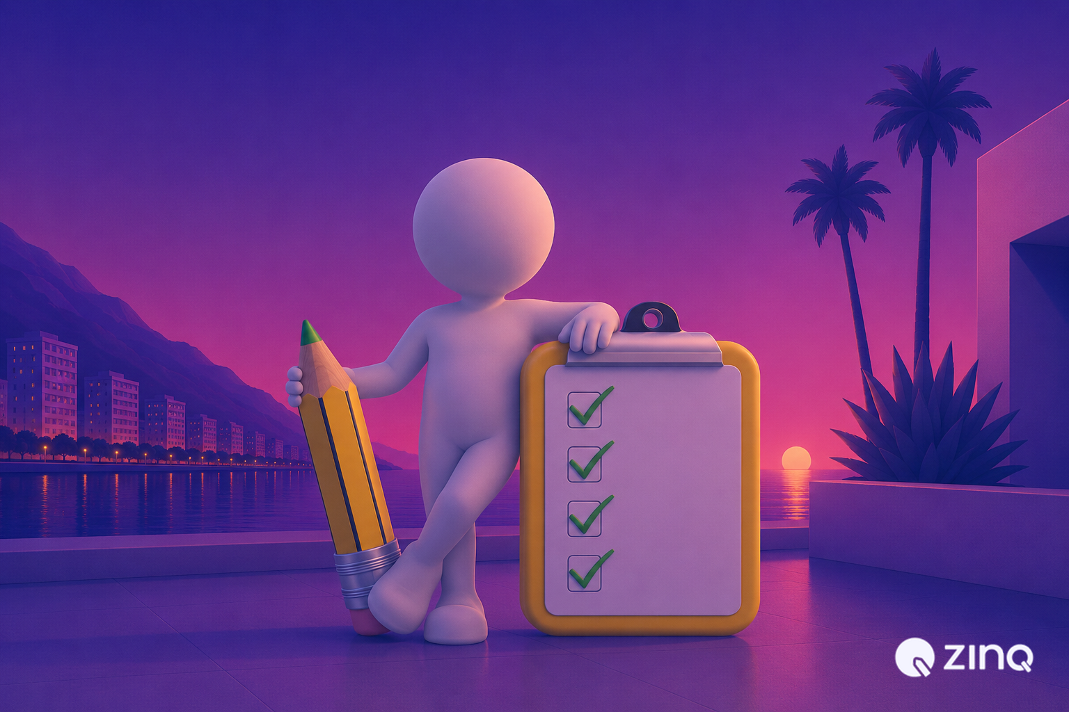 3D character leaning on a clipboard with checked boxes, illustrating first contact resolution in customer support