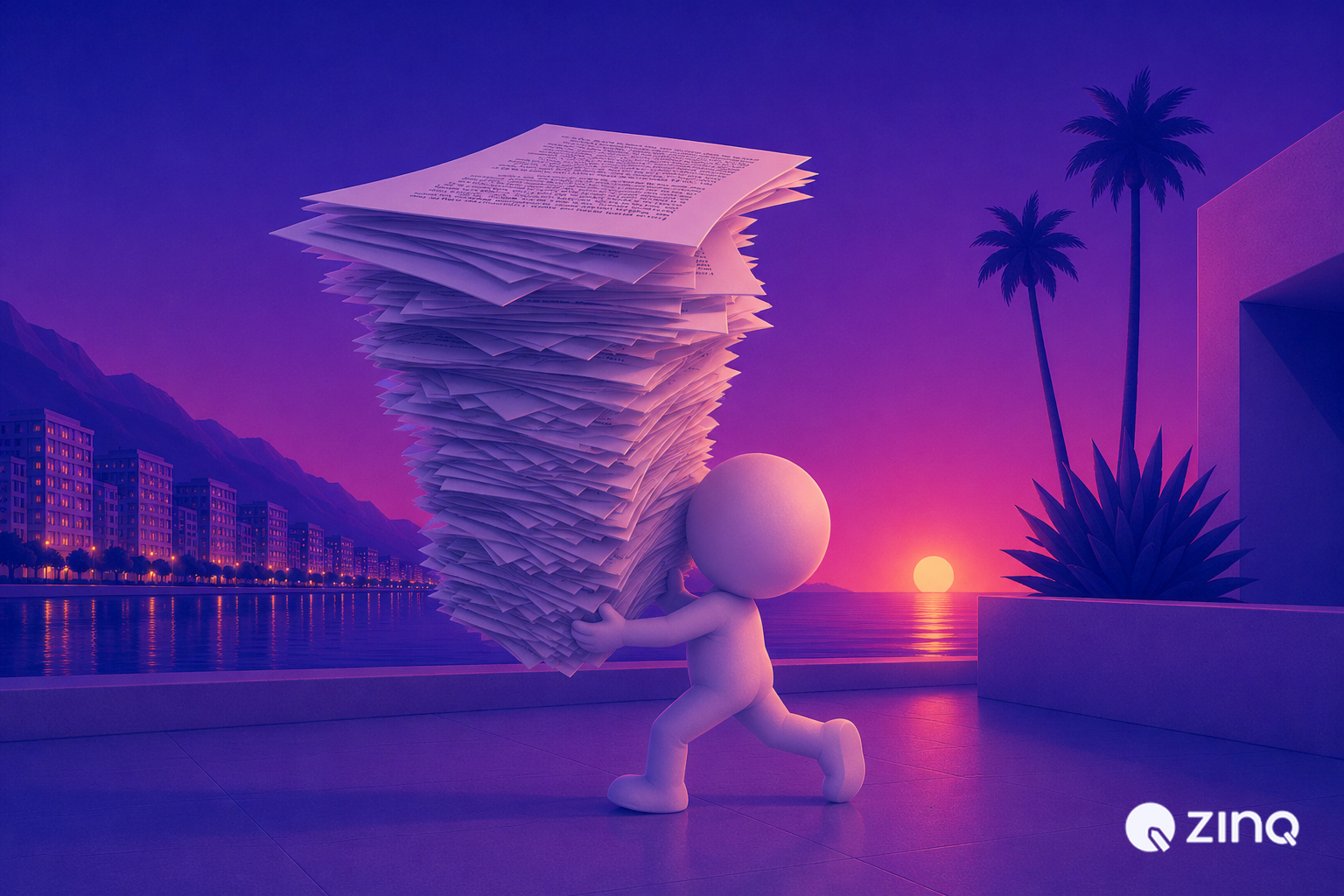 3D figure struggling with a huge stack of paperwork, showing workload challenges when scaling customer support