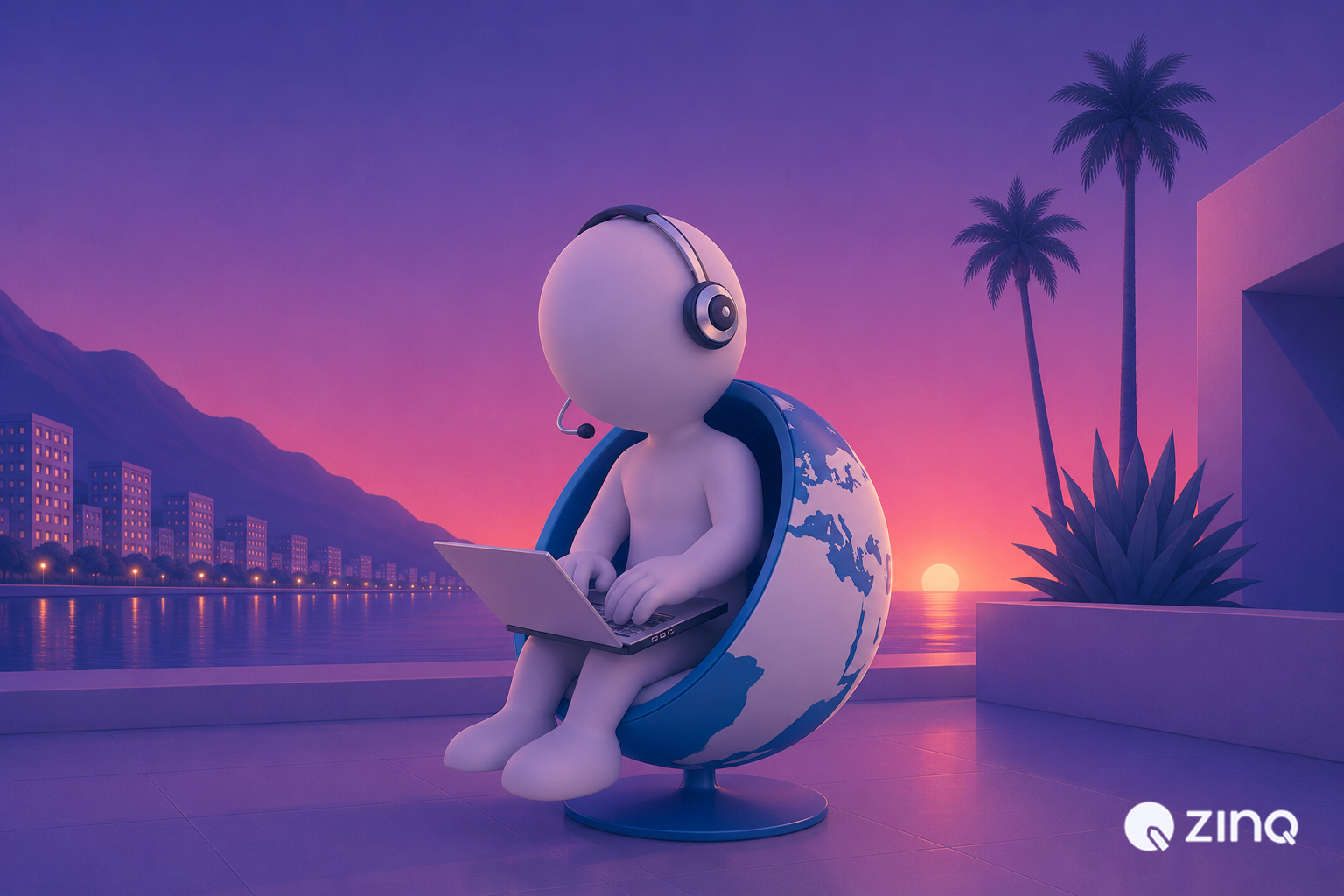 3D white character wearing a headset sitting in a blue globe-shaped chair typing on a laptop overlooking a coastal city at sunset, illustrating AI in business communication.