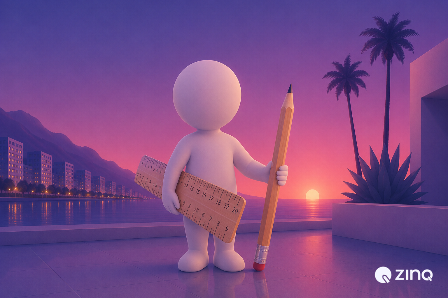 Friendly 3D white figure standing on a waterfront terrace holding a large wooden ruler and oversized pencil against a purple-pink sunset with palm trees, representing AI-generated follow-up text