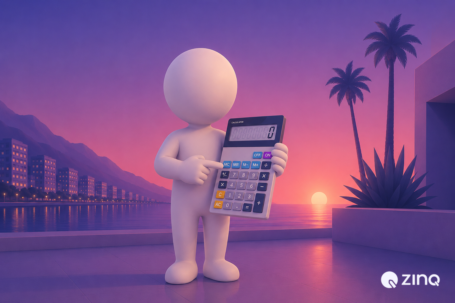 3D white character pointing at a large calculator while standing on a modern terrace with city lights and palm trees at sunset, symbolizing practical agentic AI tools for small businesses