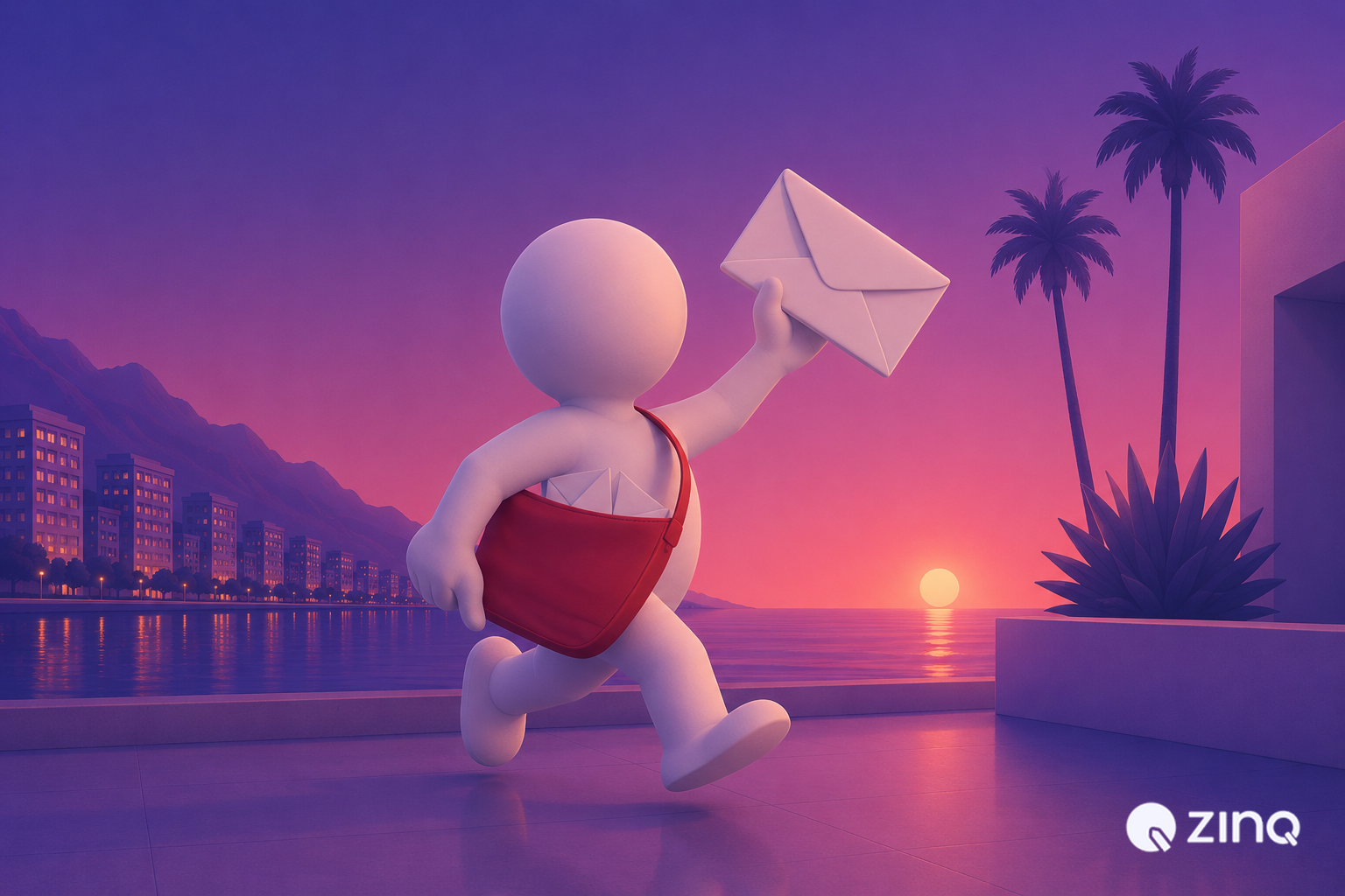Energetic 3D white character running with a red mailbag full of envelopes and holding a white letter aloft on a waterfront walkway at sunset, showing AI handling every customer message instantly