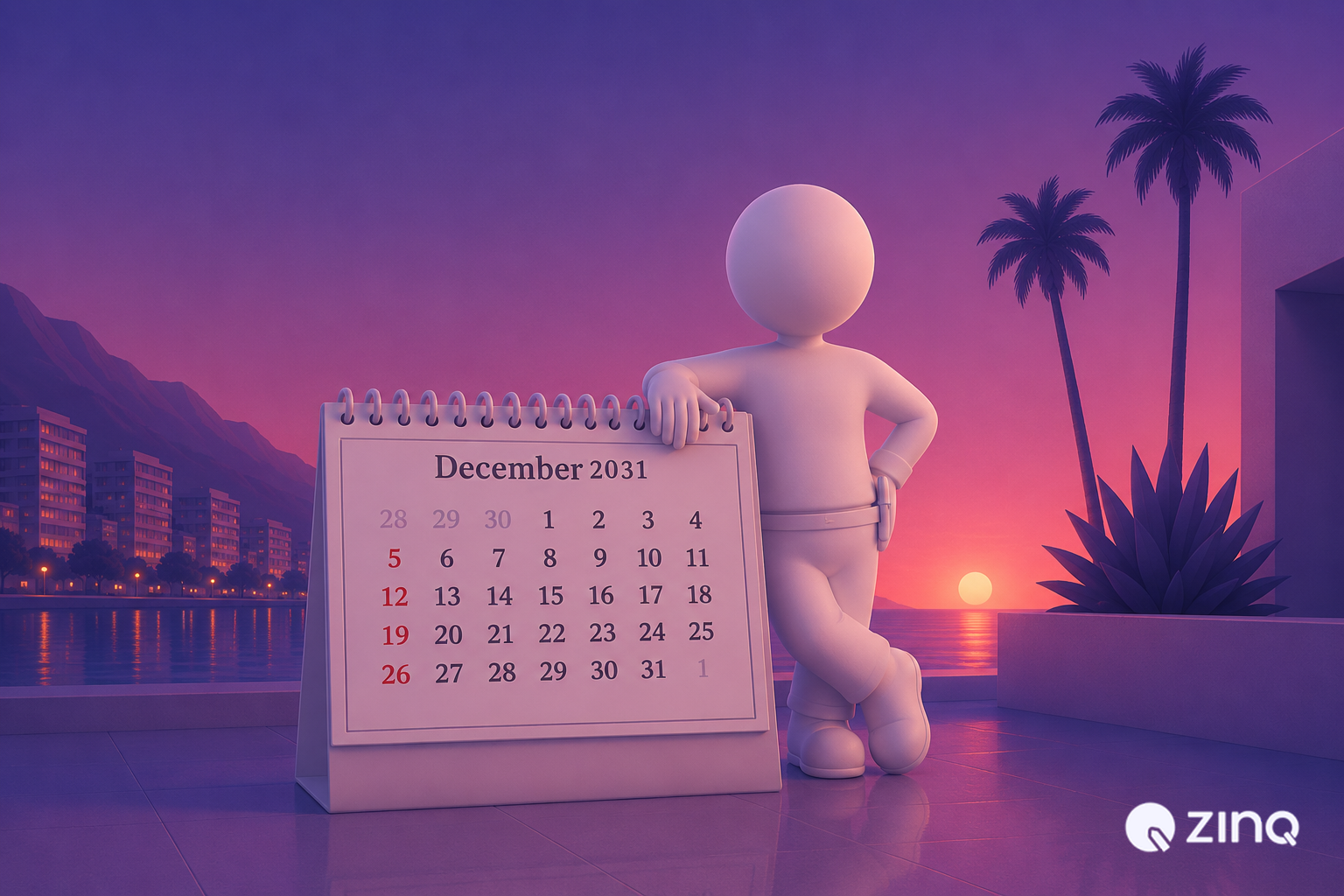 Confident 3D white figure leaning on a large wall calendar showing December 2031 on a modern terrace overlooking the ocean and city at sunset, representing the future of AI in business communication
