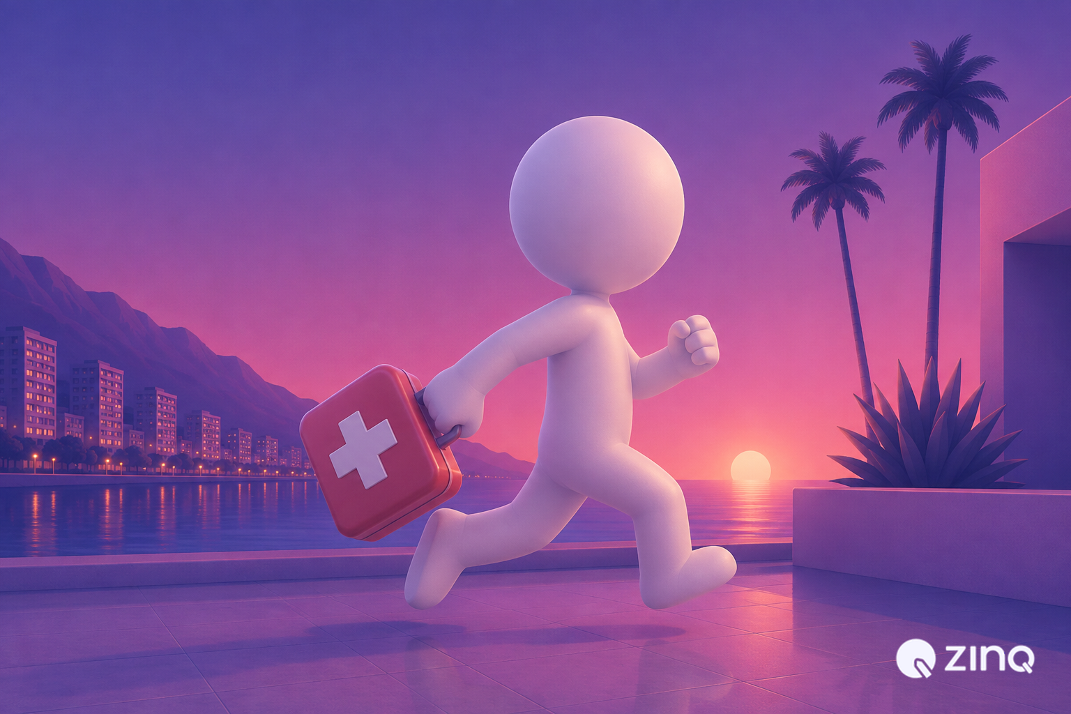 3D white character running on a waterfront terrace holding a red first-aid kit with a white cross against a purple-pink sunset cityscape, illustrating the importance of human handover in AI-powered healthcare customer service