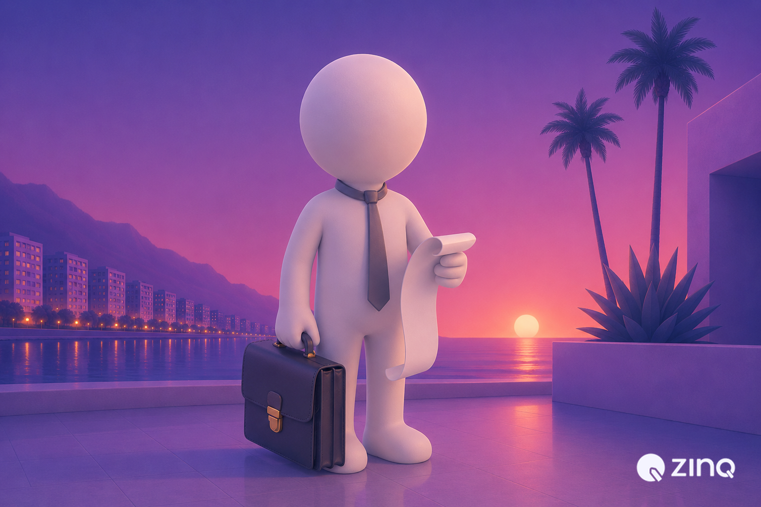 3D white figure wearing a gray tie standing on a modern terrace holding a black briefcase and a long document roll at sunset with palm trees, representing automated insurance renewal reminders that boost policy retention