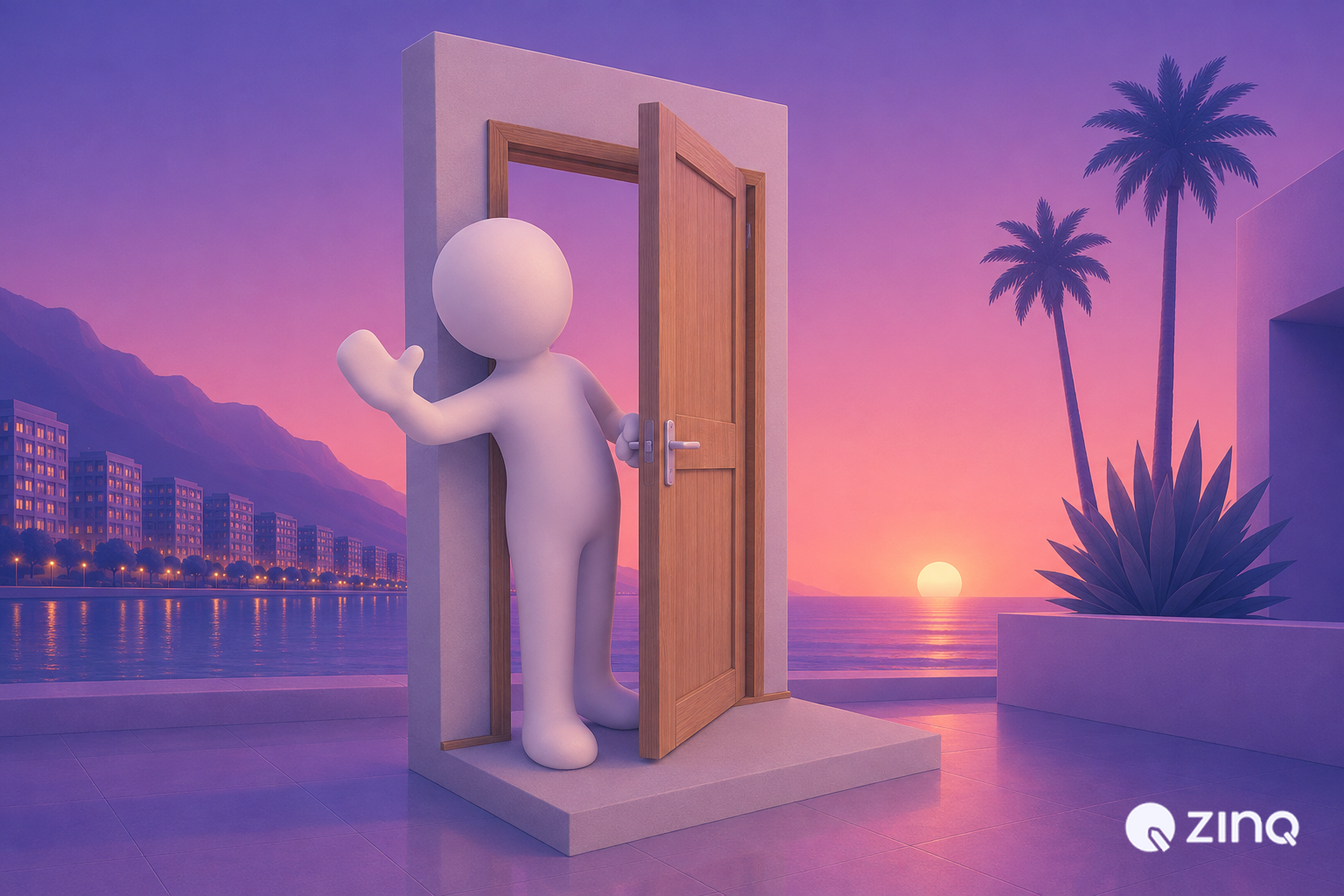 Friendly 3D white character opening a wooden door and waving on a coastal terrace at sunset with city lights and palm trees, symbolizing AI automating the real estate customer journey from inquiry to site visit