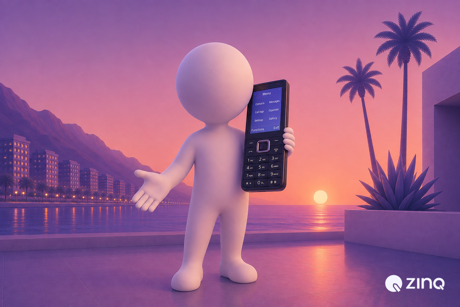 3D white character standing on a waterfront walkway holding a large classic mobile phone showing a menu screen and gesturing with an open hand at sunset, illustrating AI automation of “Where is my order?” customer queries