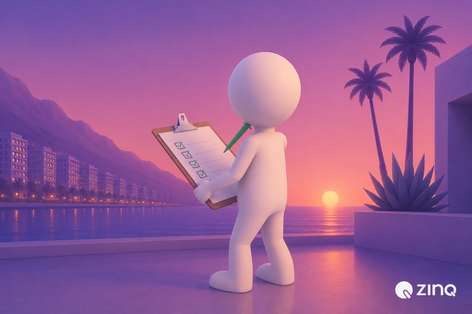 3D white figure walking on a modern terrace holding a clipboard with green checkmarks and a green pen while looking at the checklist against a purple-orange sunset, representing AI agents handling repetitive business tasks end-to-end