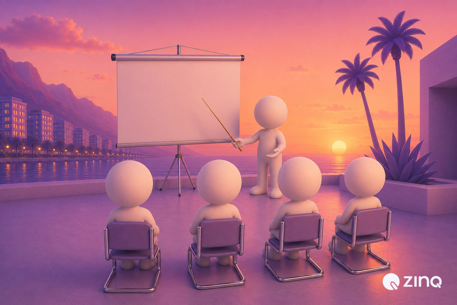 3D white character standing and pointing at a blank presentation board while four seated figures watch on a waterfront terrace at sunset with palm trees, illustrating step-by-step training of an AI agent