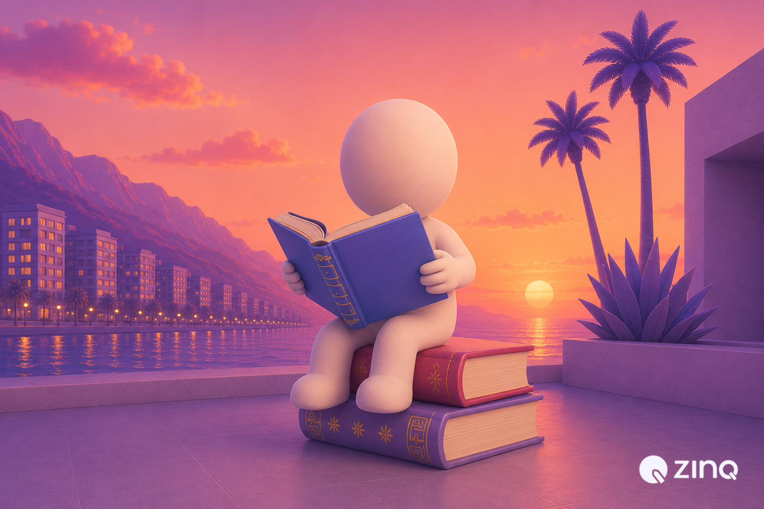 3D white figure sitting cross-legged on a stack of colorful books reading an open blue book on a modern coastal terrace at sunset, representing how AI agents learn from business data