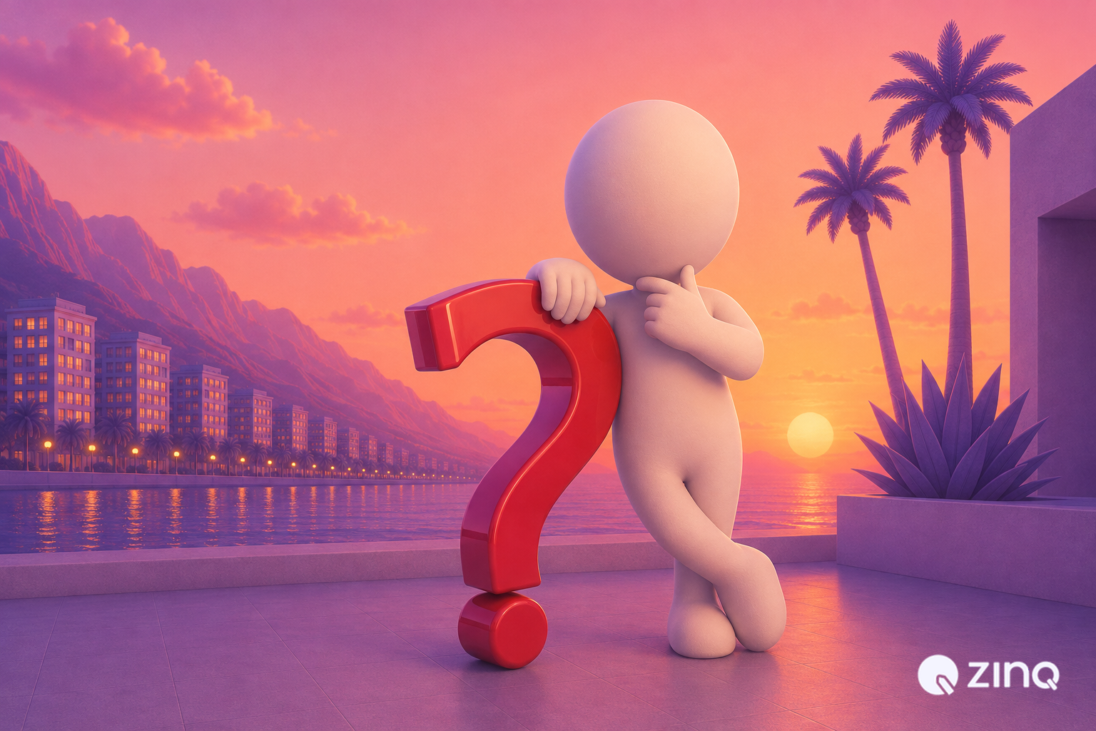 Thoughtful 3D white character leaning on a large glossy red question mark with one hand on its chin on a waterfront terrace at sunset with city lights and palm trees, illustrating what an AI agent is and how it works