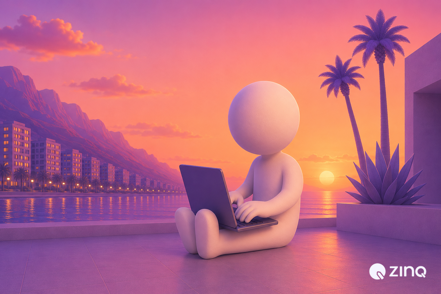 3D white character sitting cross-legged on a tiled terrace typing on a laptop against a vibrant orange-pink sunset with mountains, city lights, and palm trees, showing how to build an AI agent without a developer